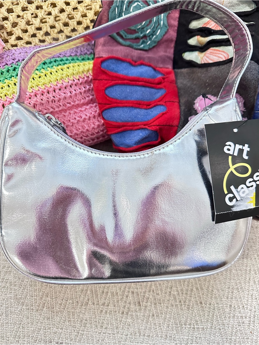 3 pc purse set: art class straw bag, art class silver metallic mini & large hobo - Picture 2 of 7